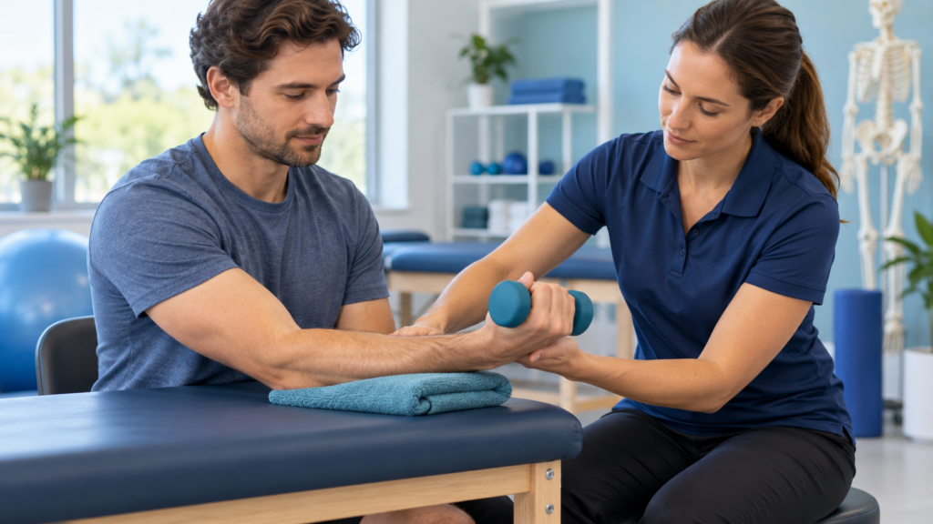 Physical therapist guiding a patient through controlled wrist strengthening for elbow tendinopathy