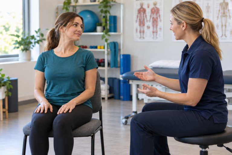 Adult seated comfortably with a clinician while practicing a small head turn.