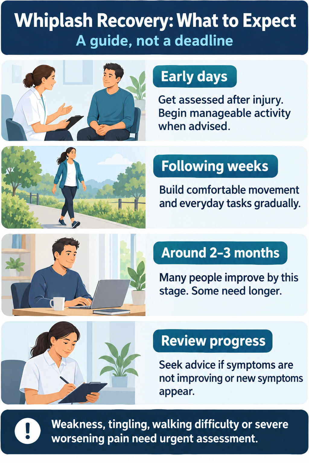 Whiplash recovery guide covering early assessment, gradual activity over following weeks, improvement around two to three months, and review when progress stalls.