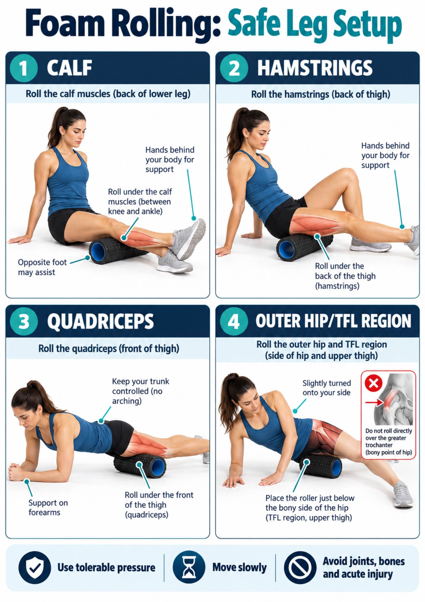 foam rolling for legs A4 infographic showing safe foam-rolling positions for the calves, hamstrings, quadriceps and outer hip