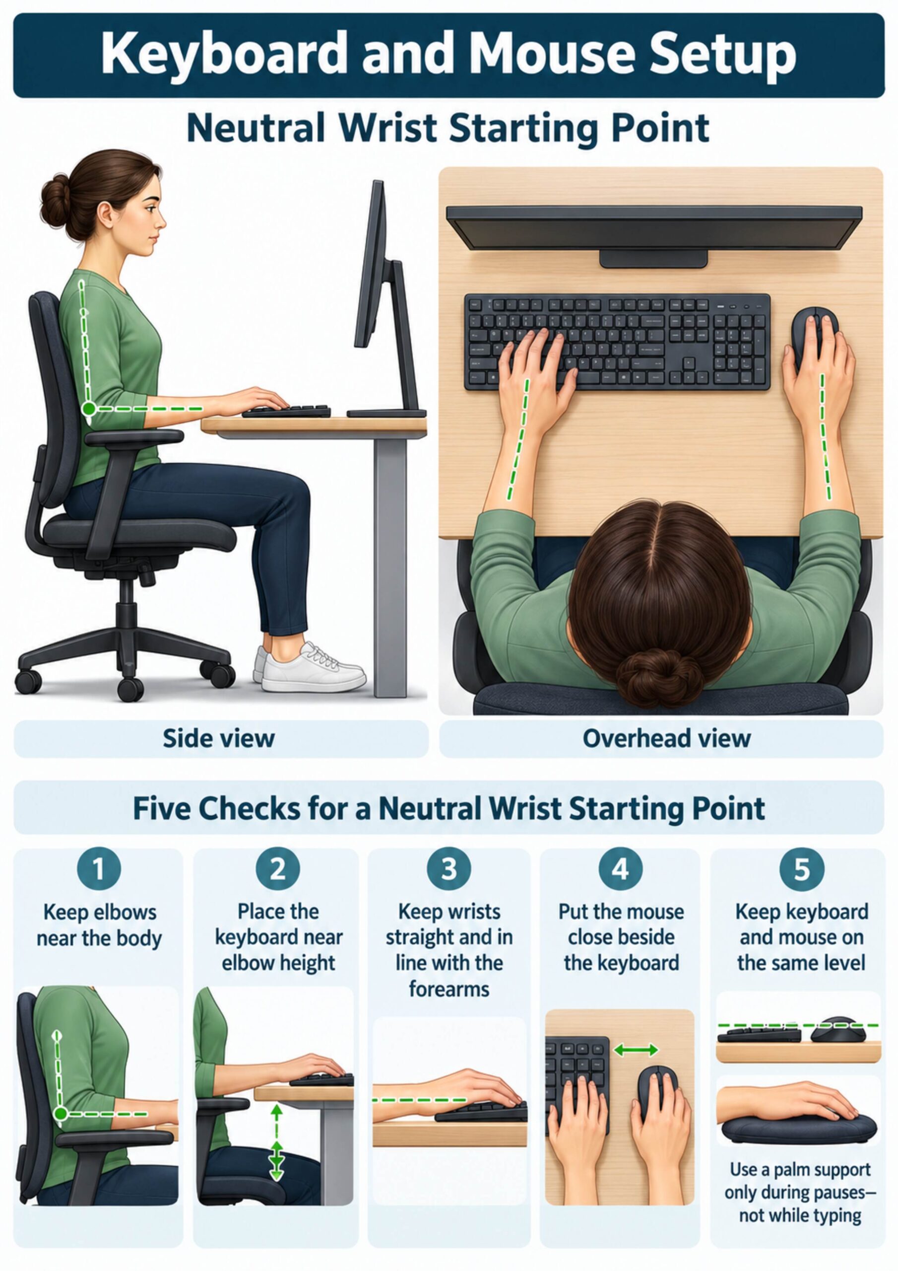A4 infographic showing neutral wrist, keyboard height, and close mouse placement