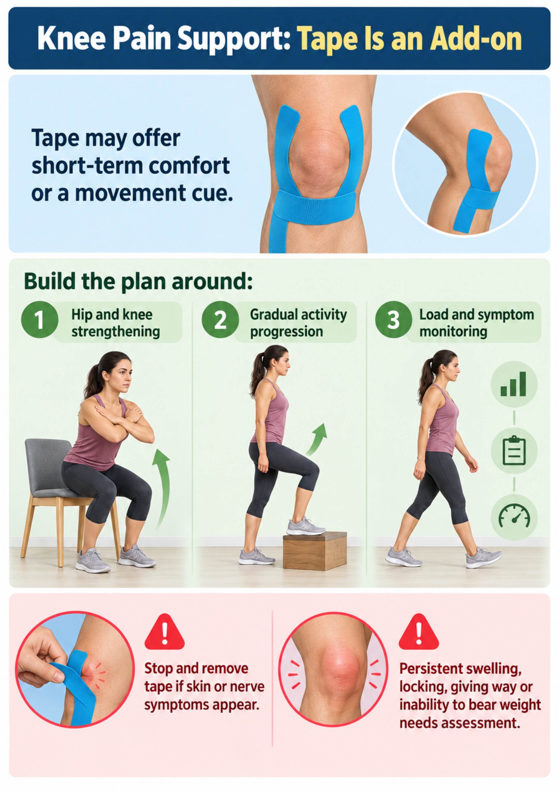 A4 infographic explaining that knee tape is an adjunct to strengthening, gradual activity, and symptom monitoring