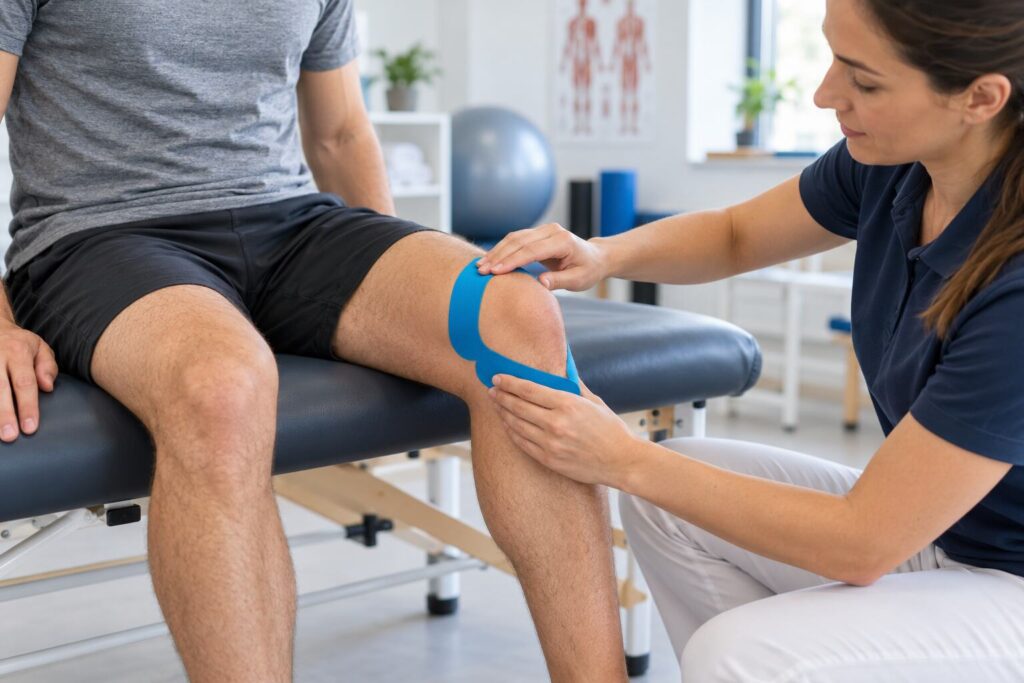 Clinician applying blue kinesiology tape around an adult patient's knee