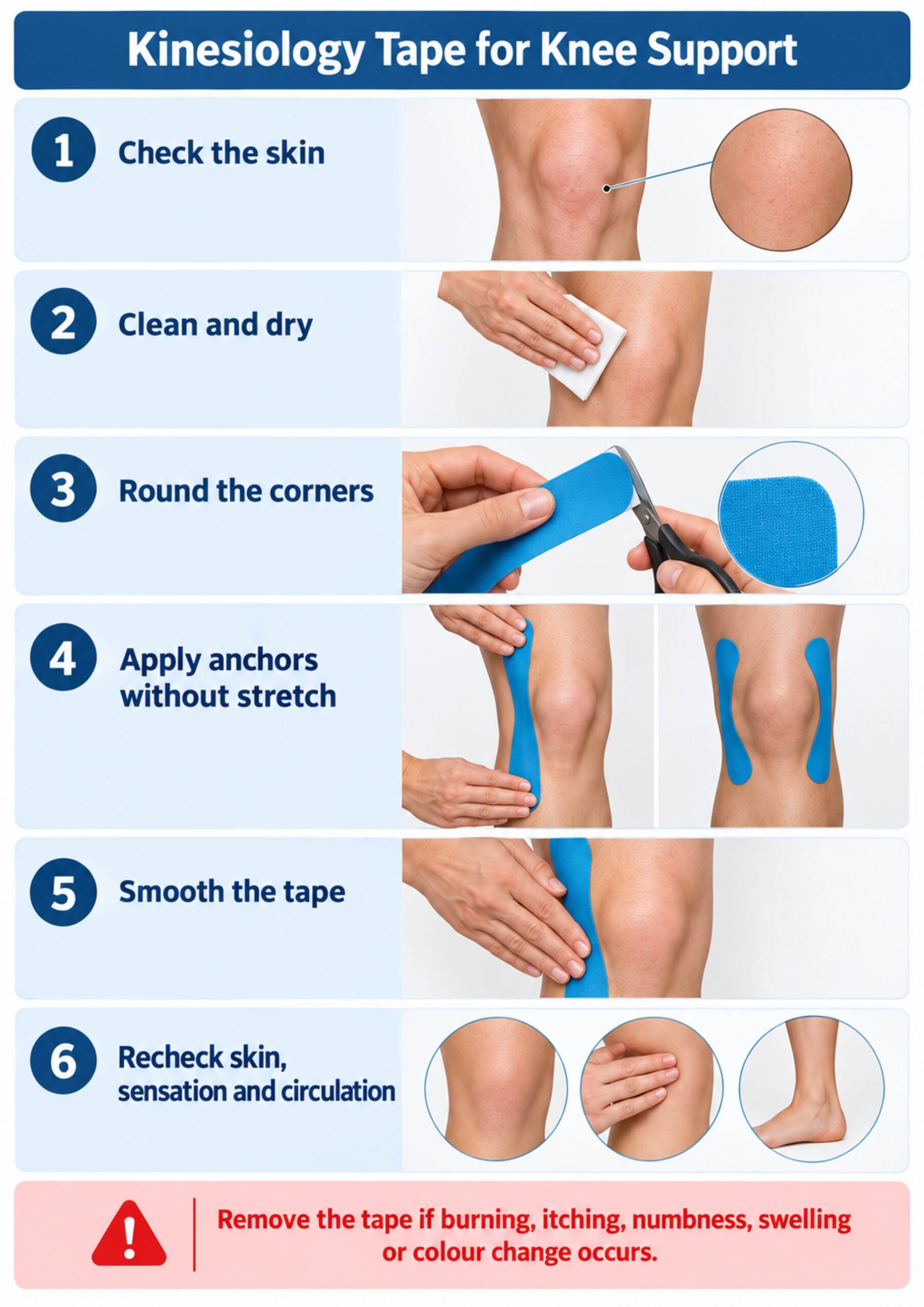 A4 infographic showing skin check, preparation, application, and safety checks for knee kinesiology tape