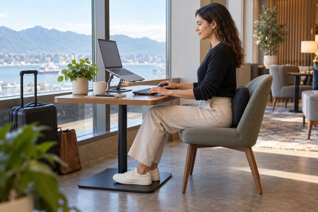 laptop ergonomics Traveller using an elevated laptop with a separate keyboard and mouse