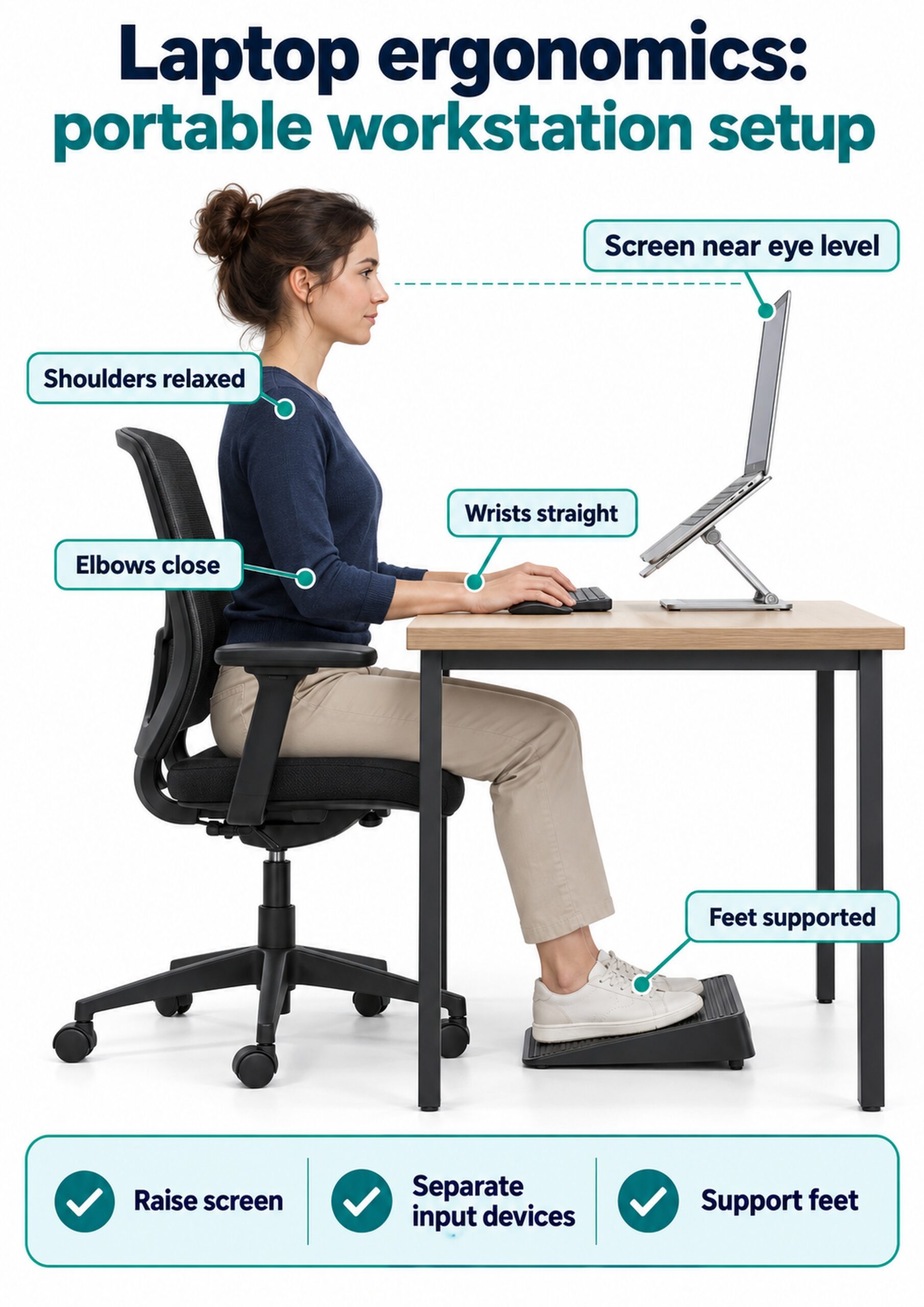 laptop ergonomics A4 infographic showing an elevated laptop, separate input devices, straight wrists, and supported feet