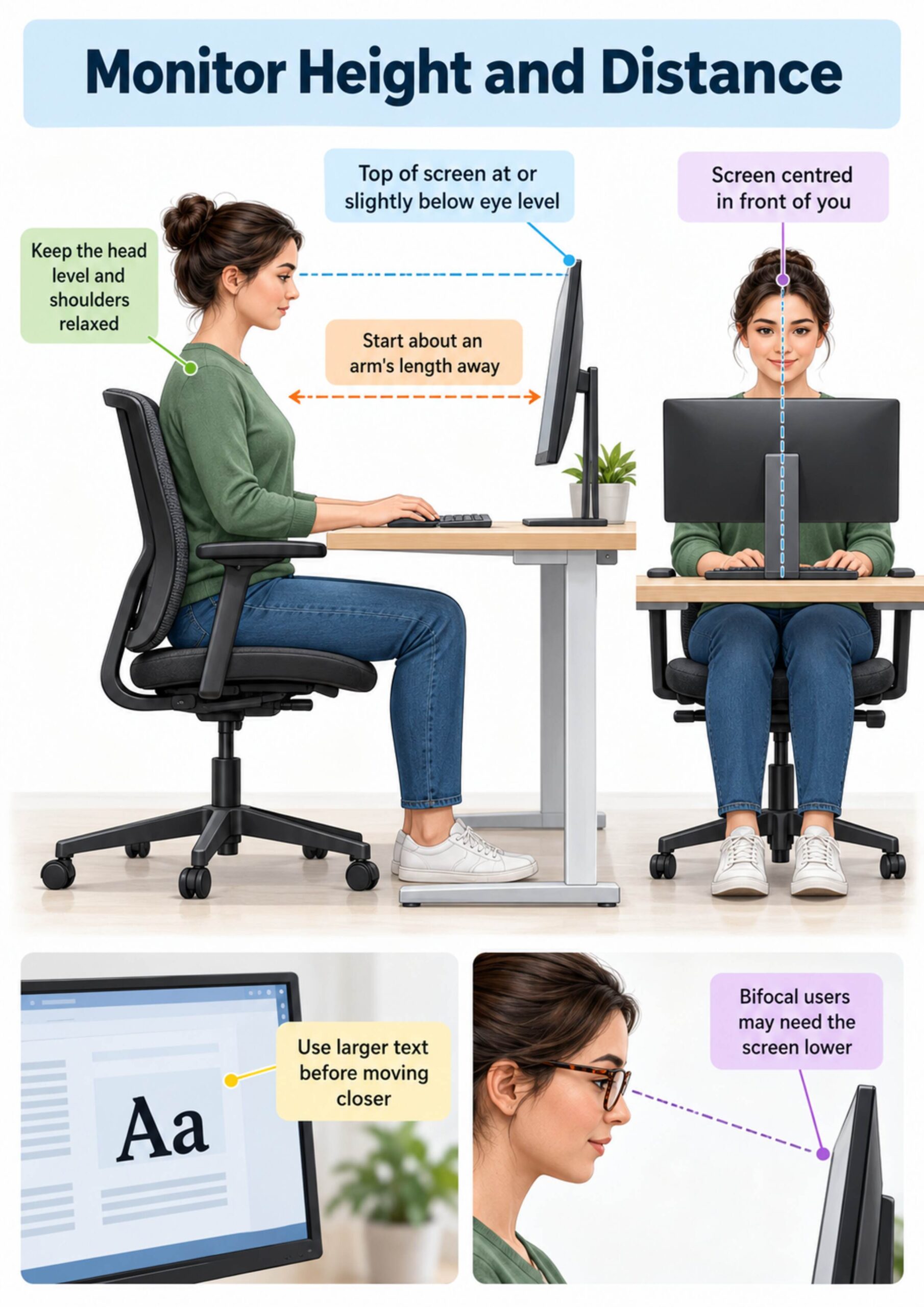best monitor height and distance A4 infographic showing monitor height, centered position, viewing distance, and bifocal adjustment