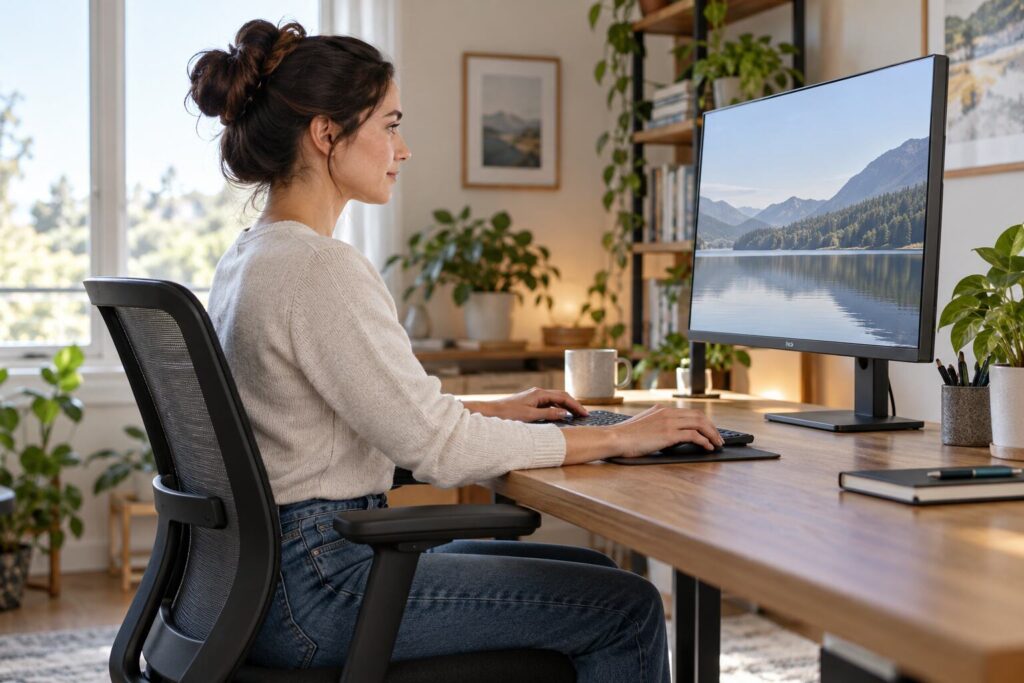 best monitor height and distance Desk worker viewing a centered monitor with the screen top near eye level