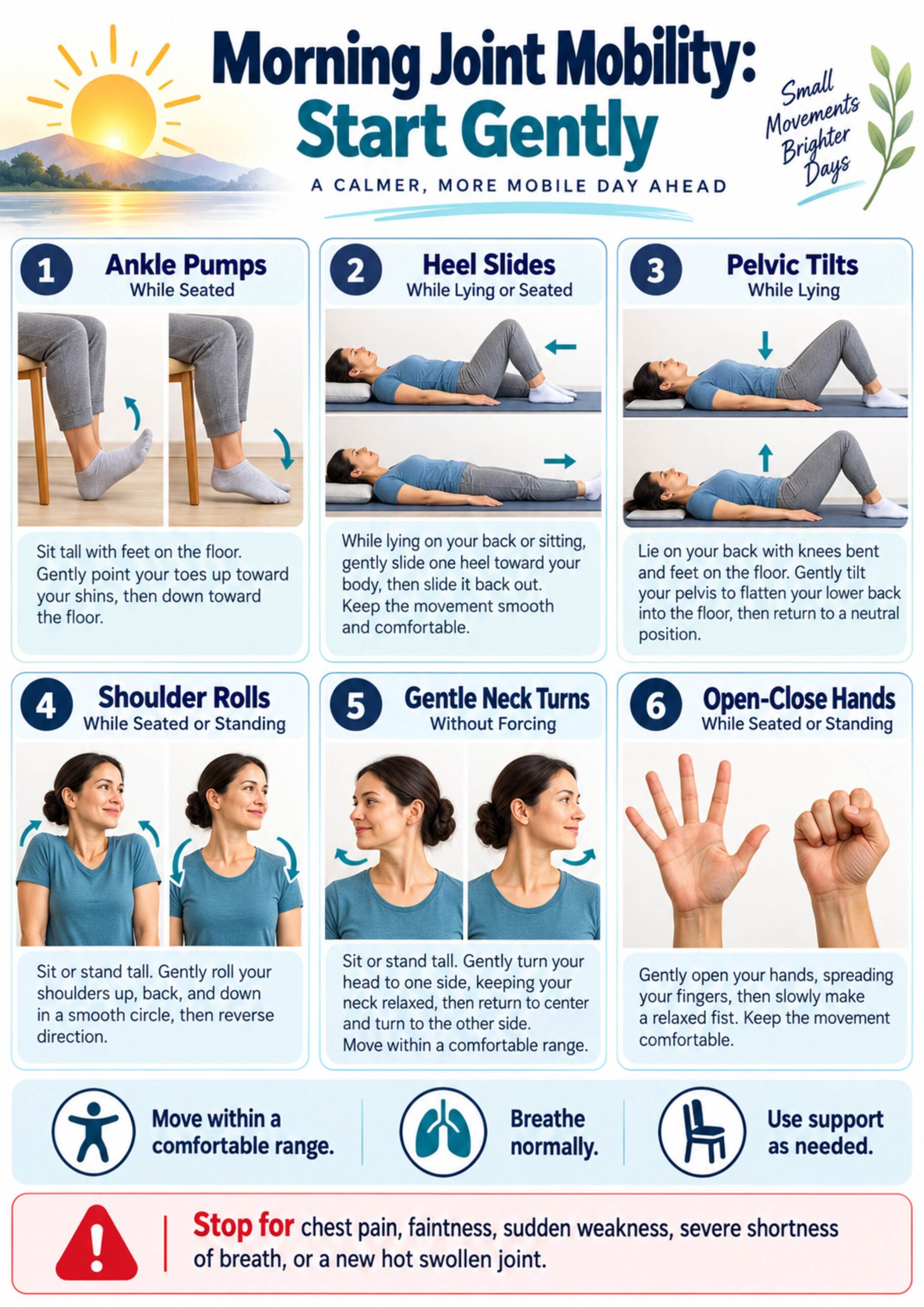 A4 infographic showing gentle morning movements for the ankles, knees, pelvis, shoulders, neck and hands