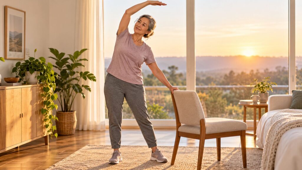 Adult performing a gentle supported morning side stretch beside a sturdy chair