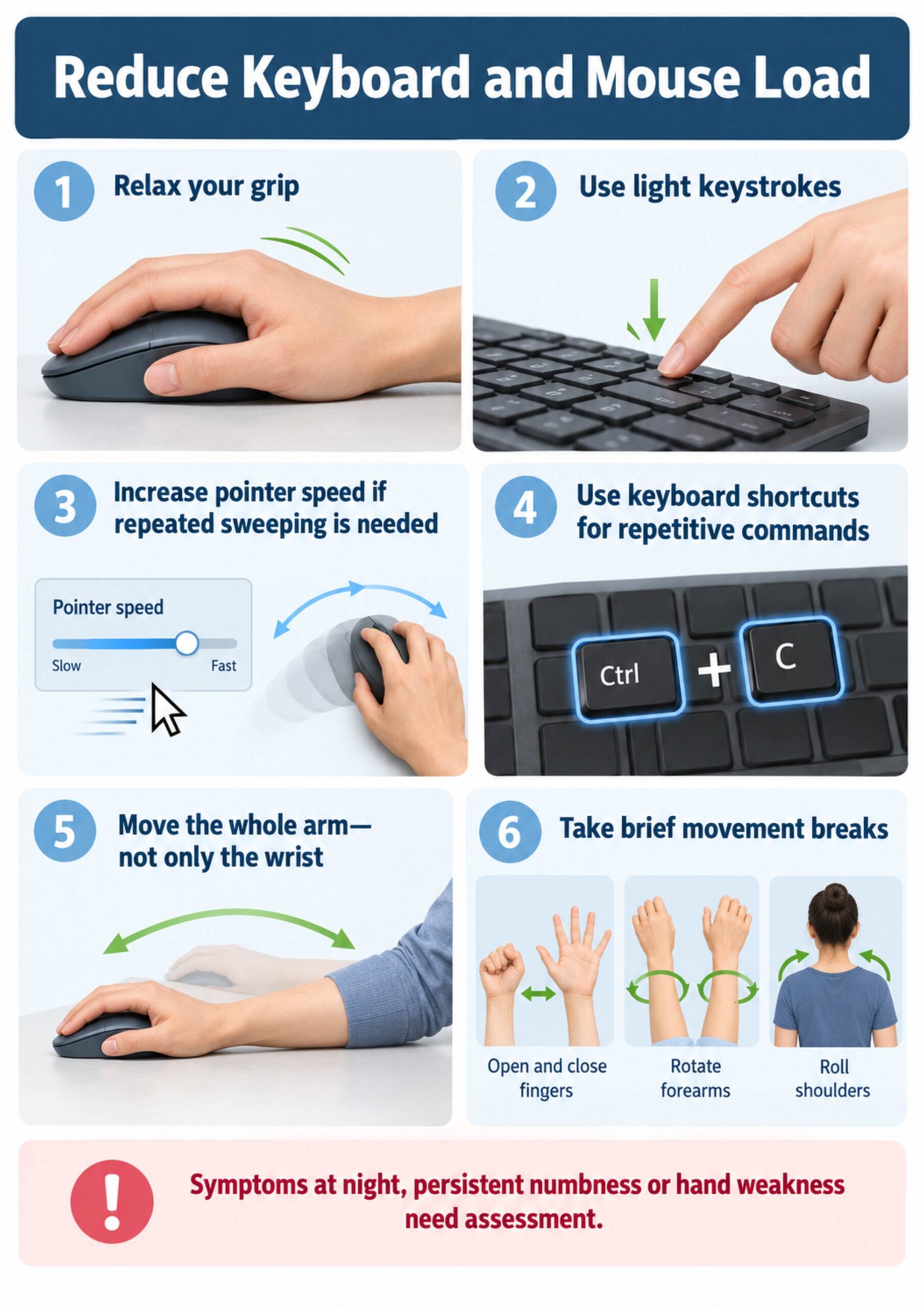 A4 infographic showing practical ways to reduce keyboard and mouse effort