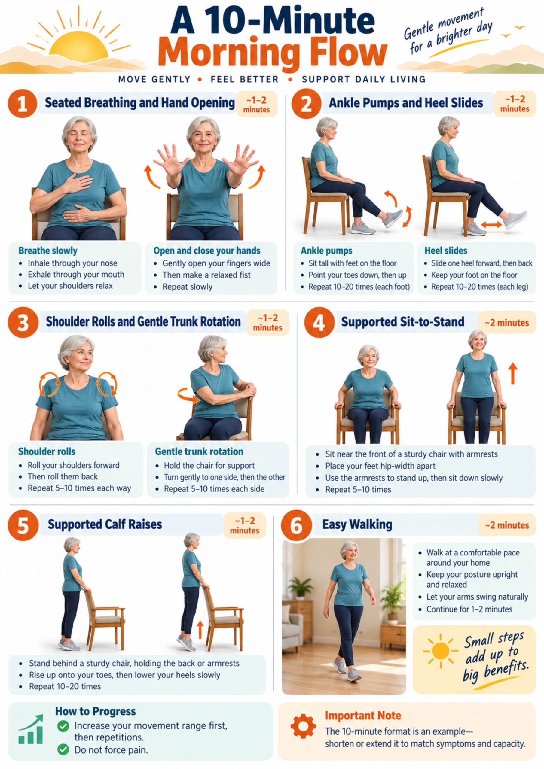A4 infographic showing an example gentle morning mobility and strengthening flow
